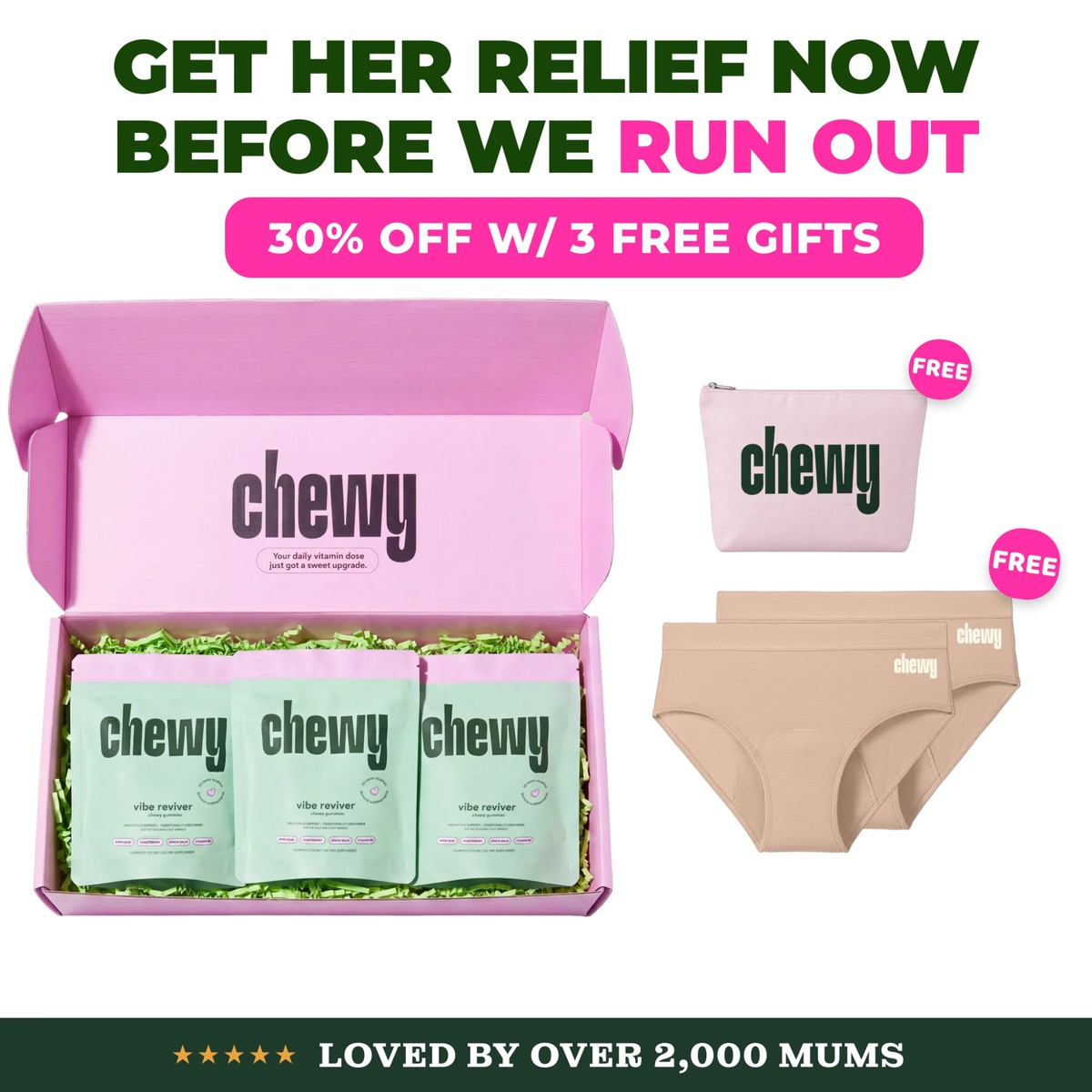 Get her relief with 2 free gifts: free period care pouch and free shipping