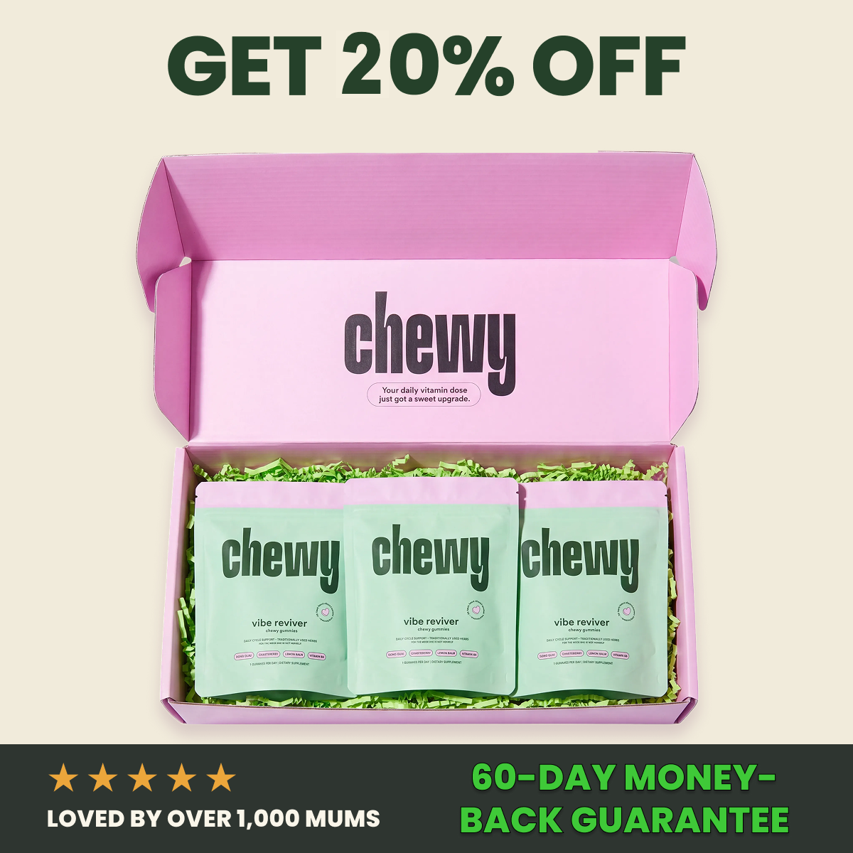 Get 20% off — Chewy vibe reviver gummies box