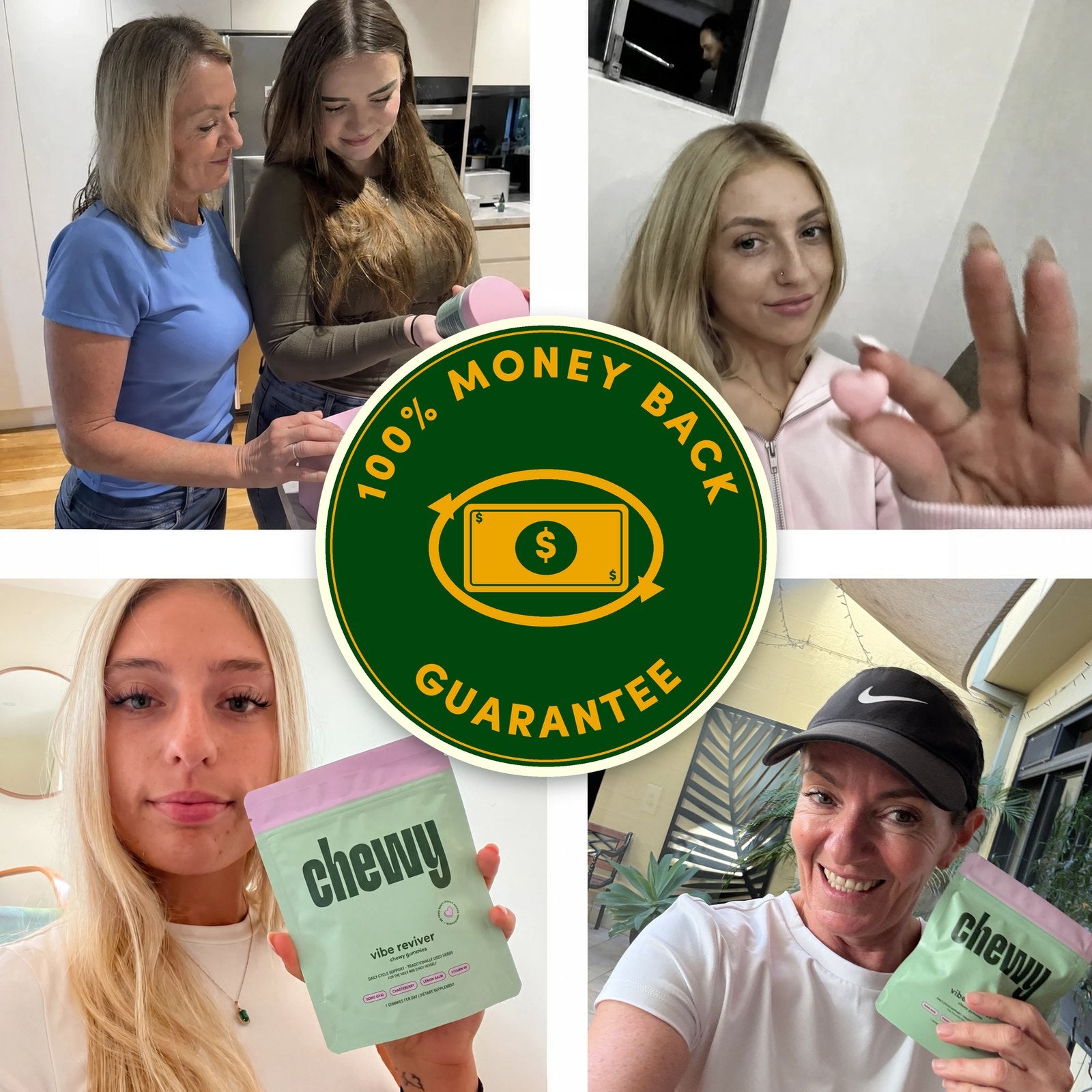Customer photo collage with the Chewy 365-day money-back guarantee stamp